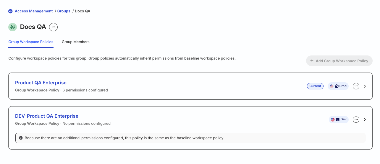 Select workspace to define group permissions