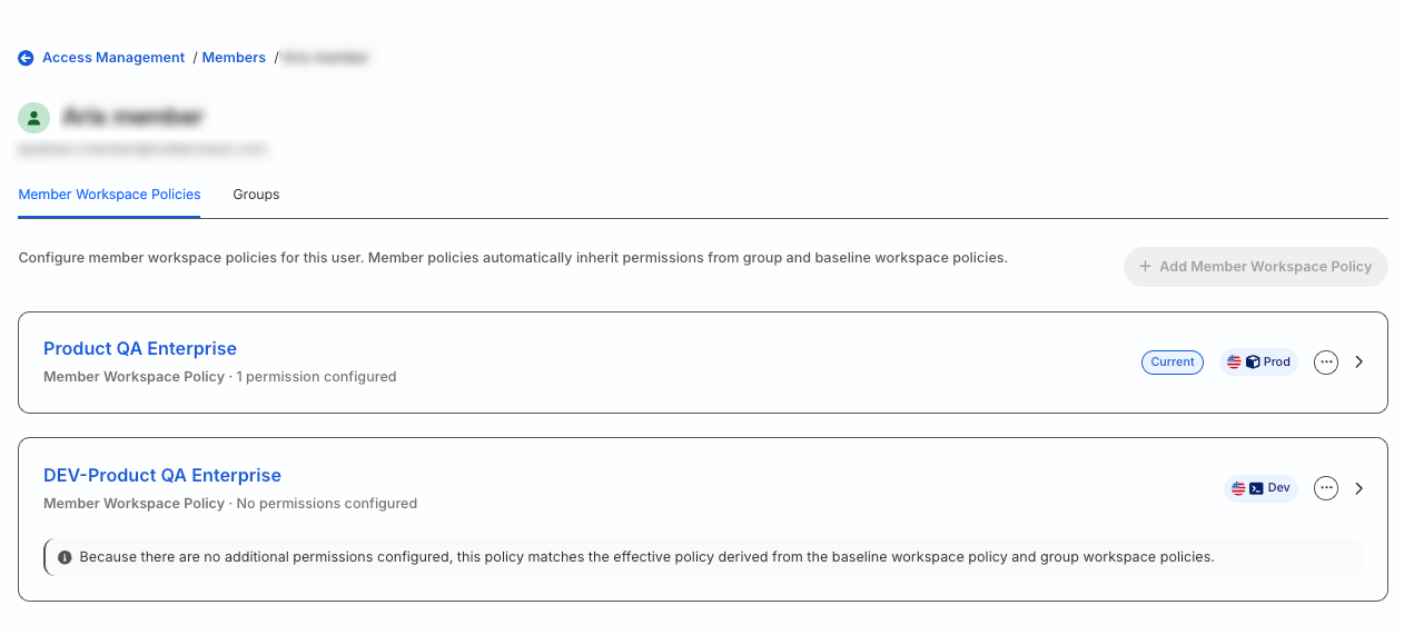 Select workspace to configure user permissions