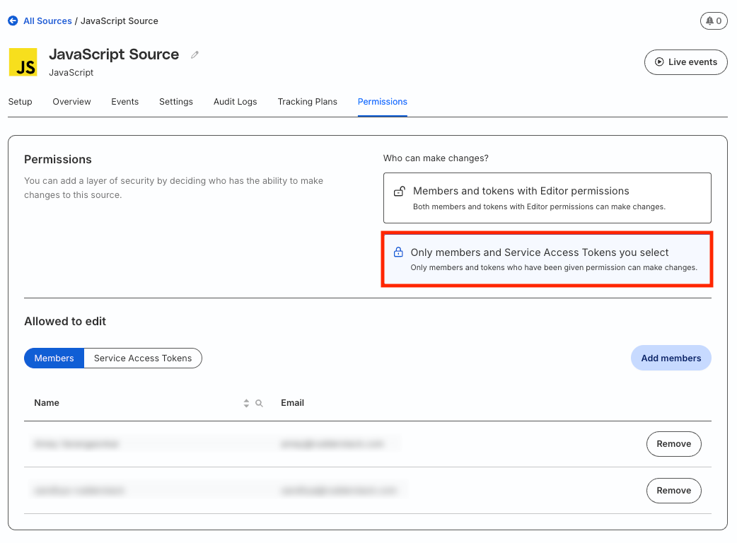 Source permissions configuration showing restricted access