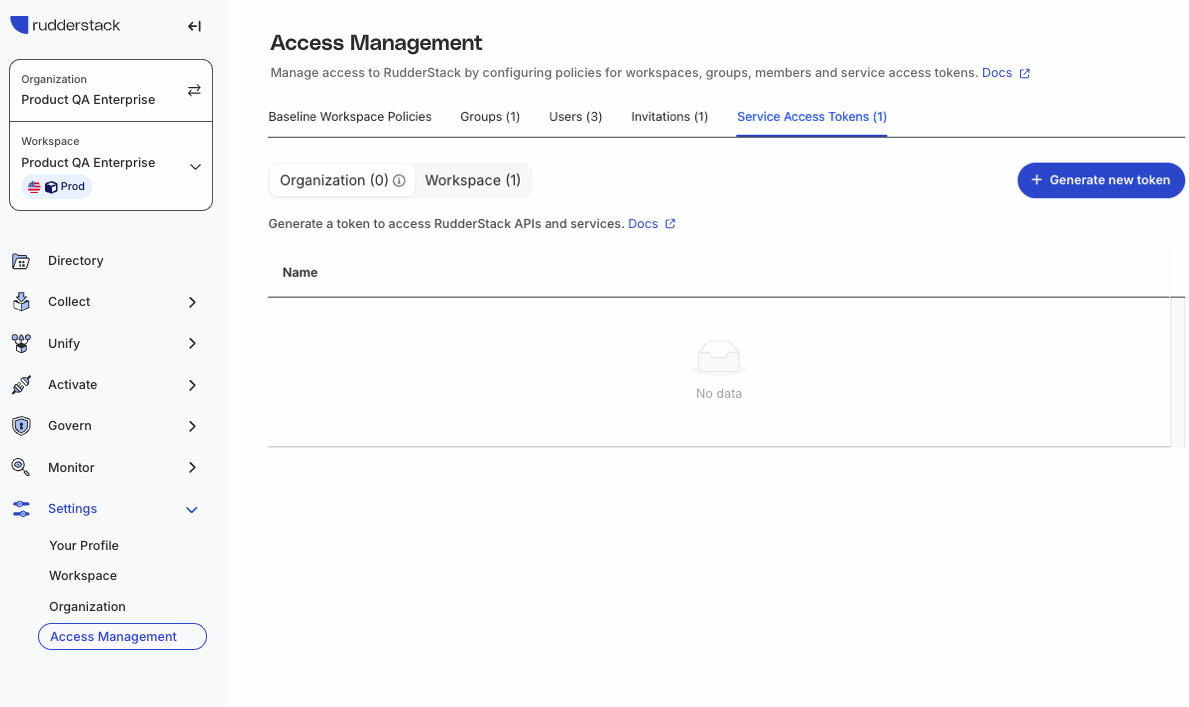 Service Access Tokens tab in RudderStack dashboard