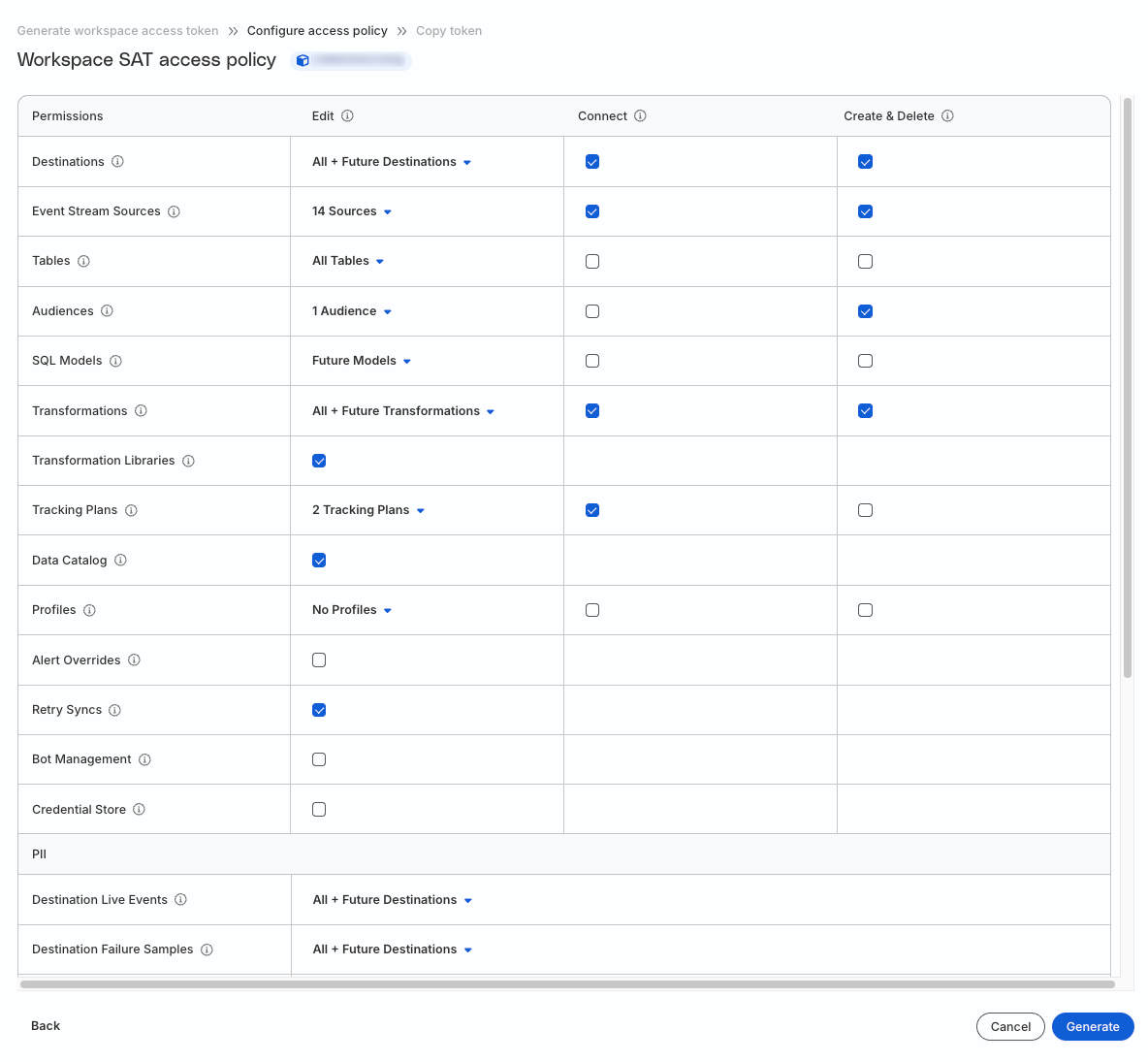 Workspace level Service Access Token access policy in RudderStack dashboard