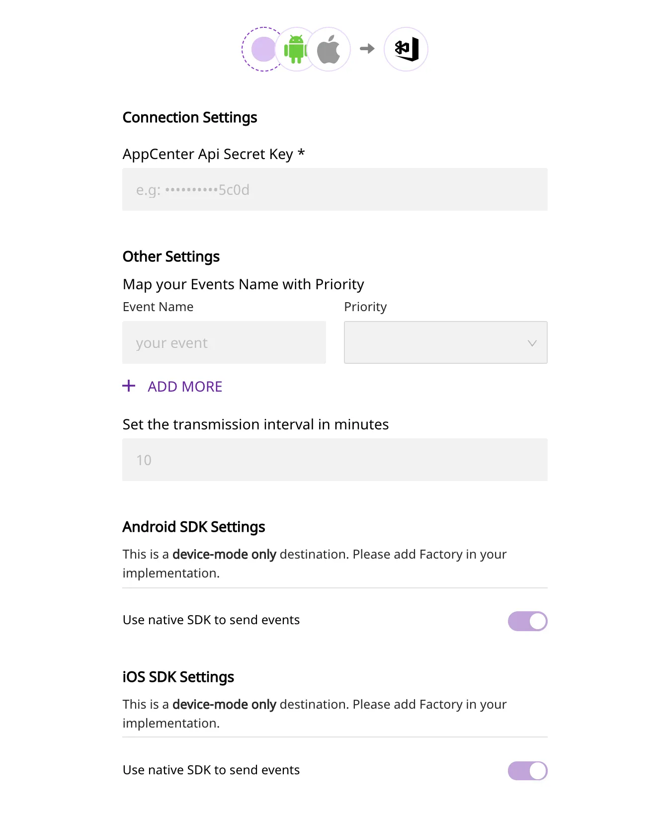 Connection settings for App Center destination