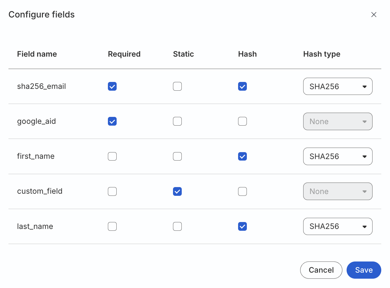 Configure template fields, including required, static, and hash settings