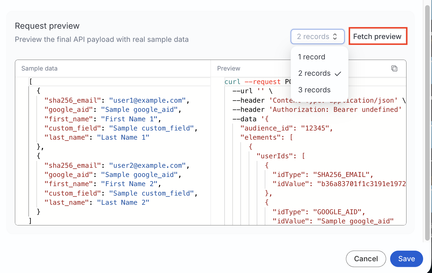 Fetch preview showing the resolved method, URL, headers, and JSON body