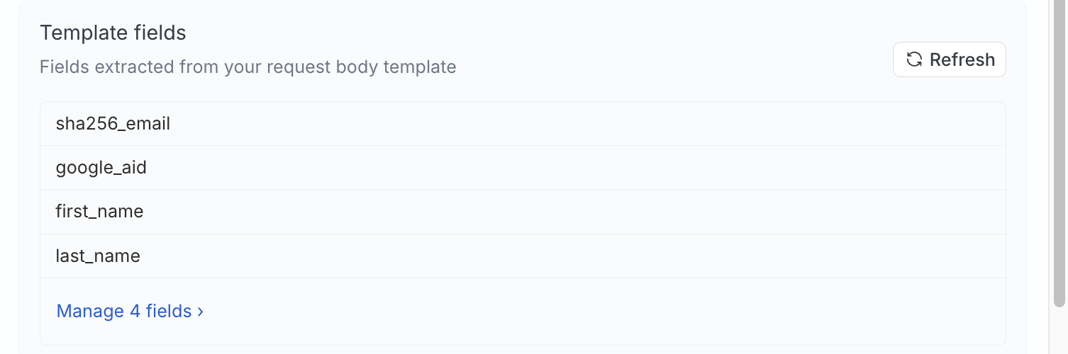 Template fields listed after the request body template is saved
