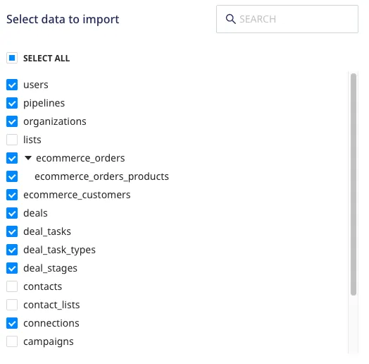 Selecting the data to import