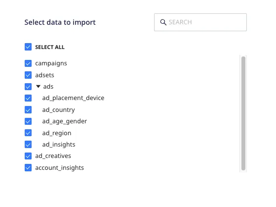 Selecting the data to import