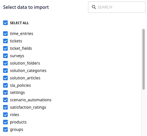 Selecting the data to import