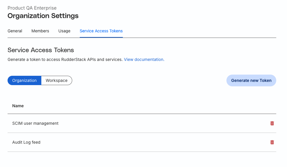 Service Access Tokens tab in RudderStack dashboard