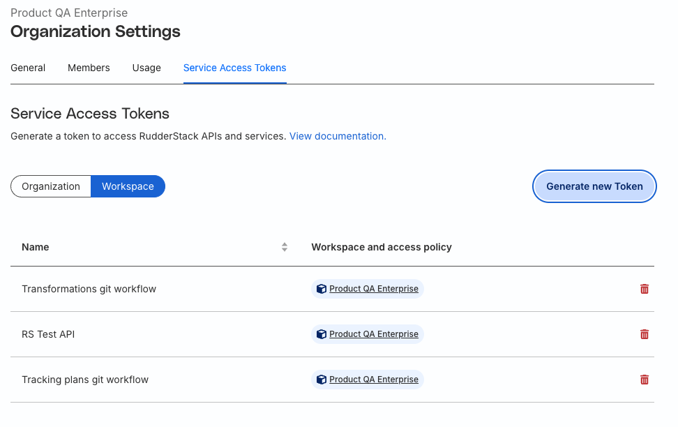 Service Access Tokens tab in RudderStack dashboard