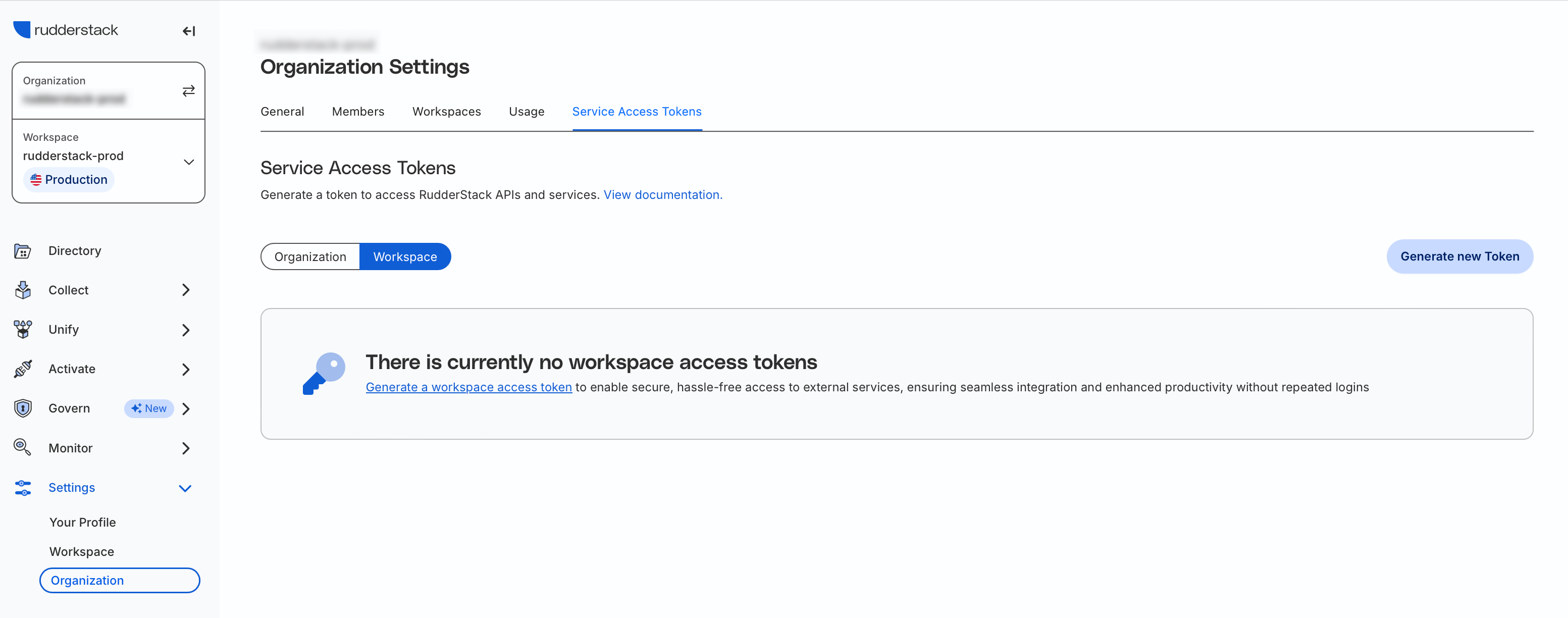 Service Access Tokens tab in RudderStack dashboard
