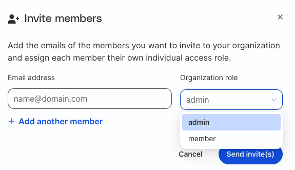 Set email address and org role
