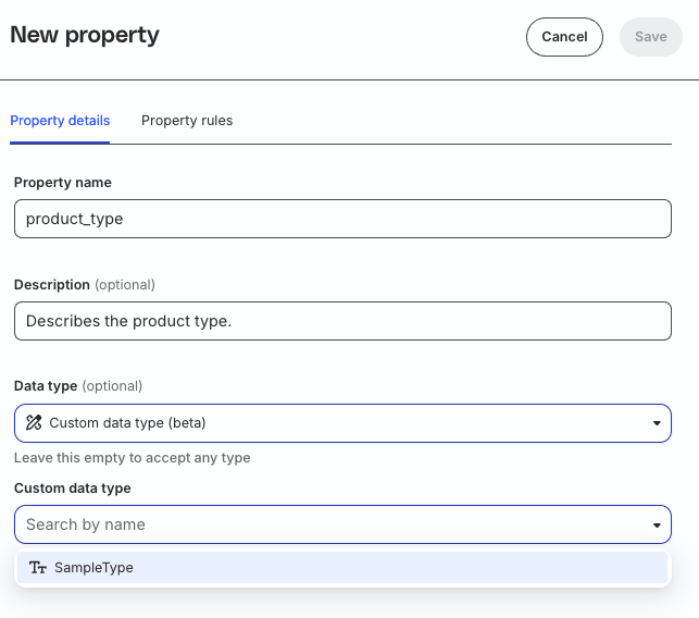 Select custom data type for property