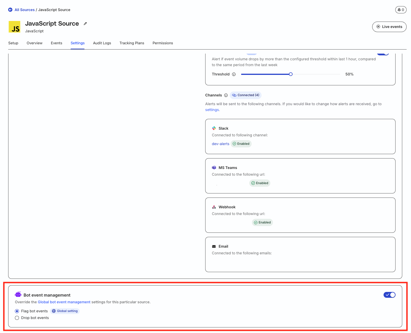 Bot filtering setting in source settings