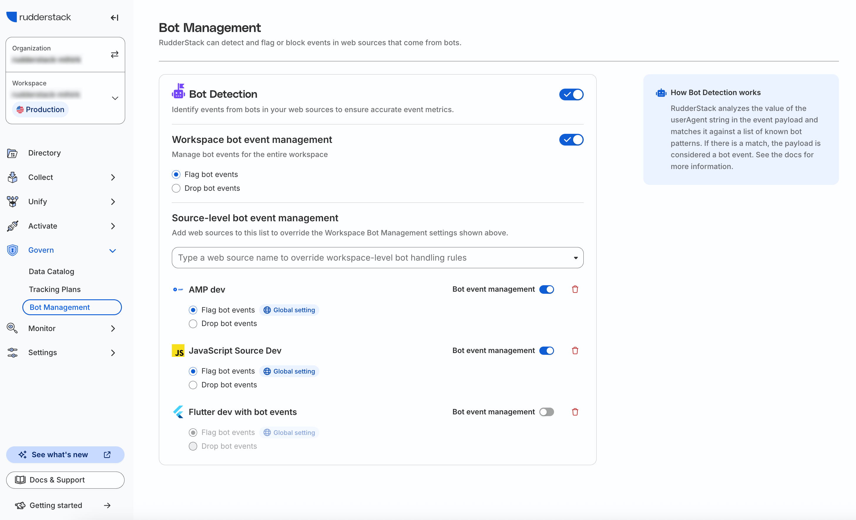 Bot management setting in RudderStack dashboard