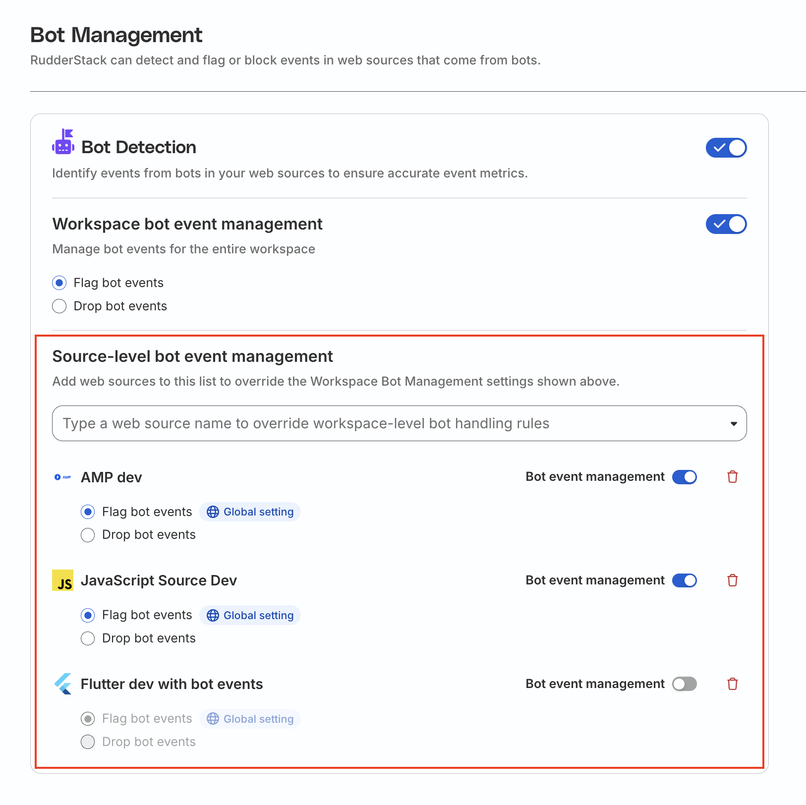 Bot management source level settings in RudderStack dashboard