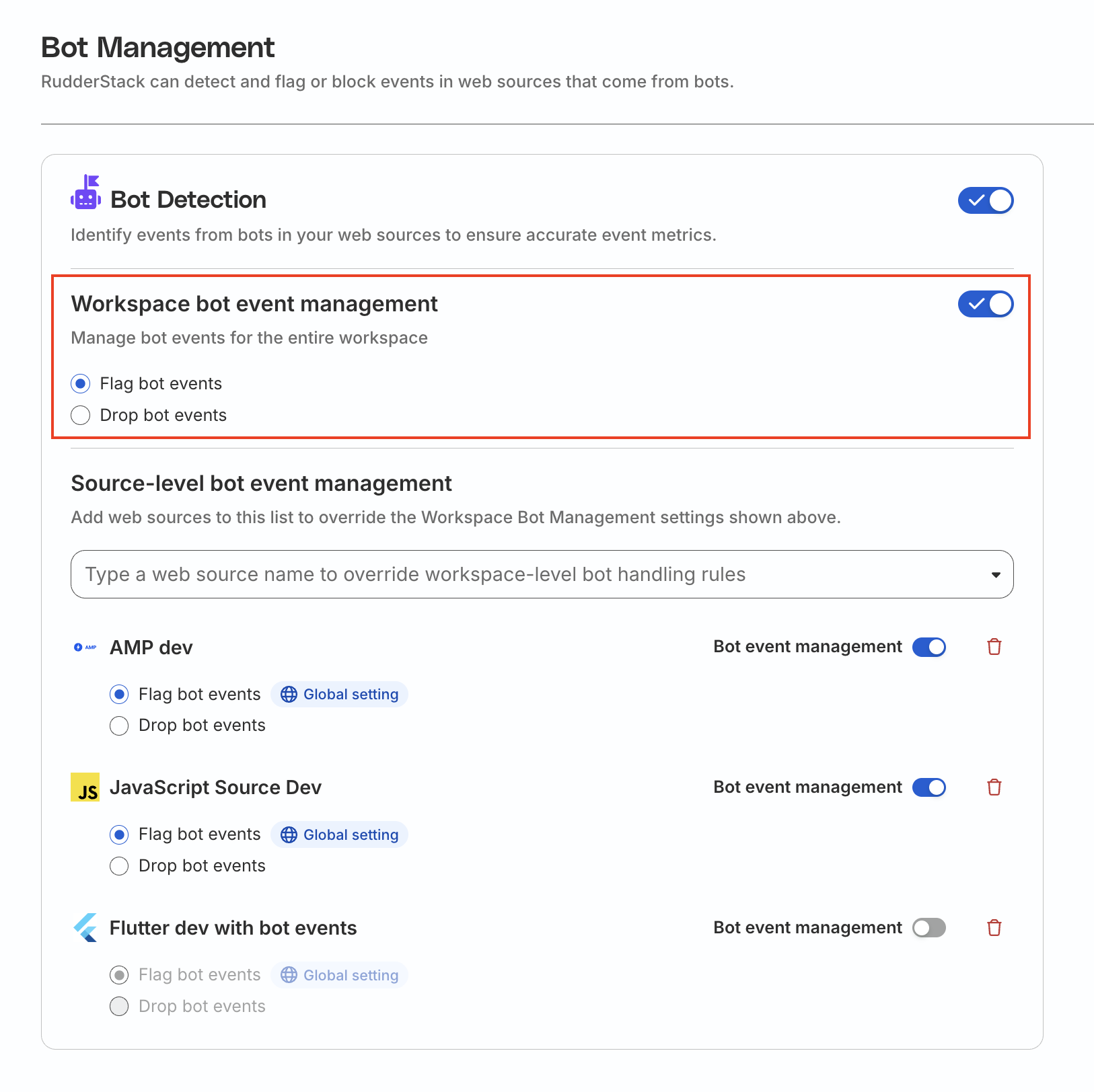 Bot management global setting in RudderStack dashboard