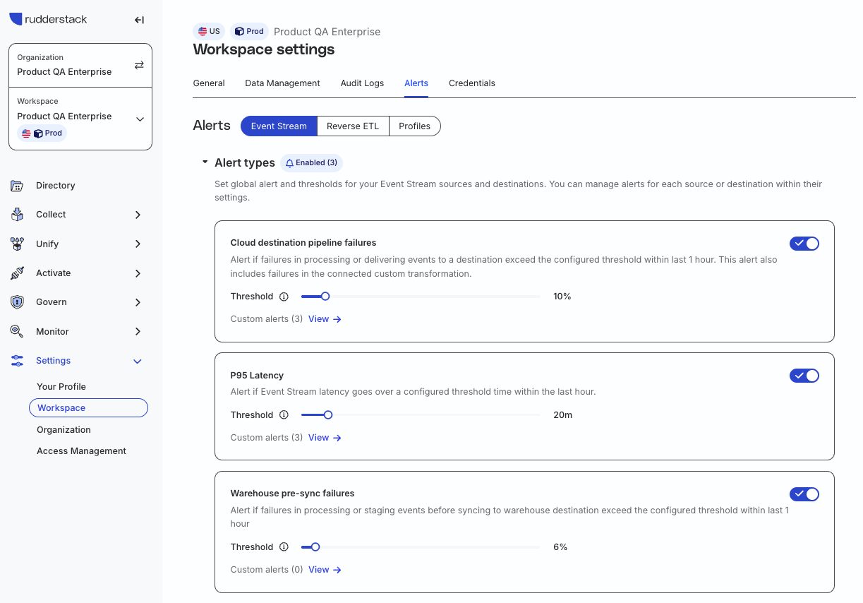 Alerts option in RudderStack dashboard