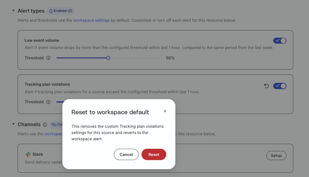 Revert to workspace setting confirmation dialog