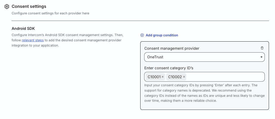 OneTrust category IDs in consent settings