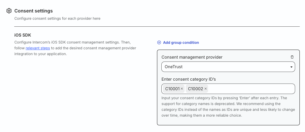 OneTrust category ID in consent settings