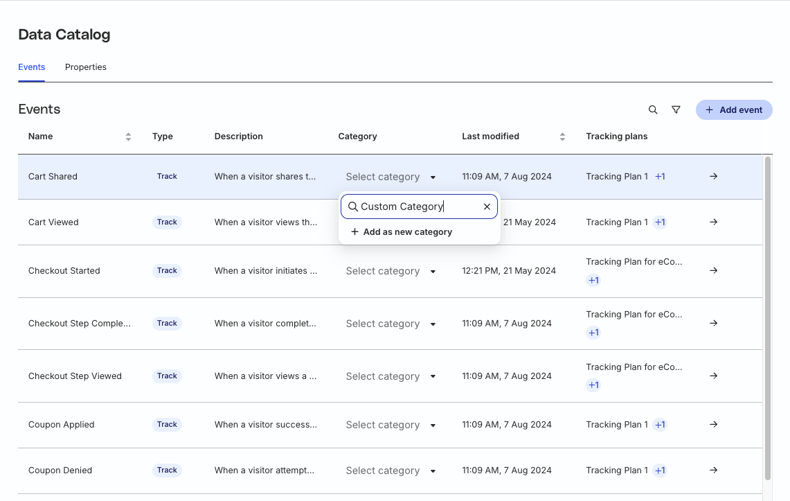 Data catalog custom category