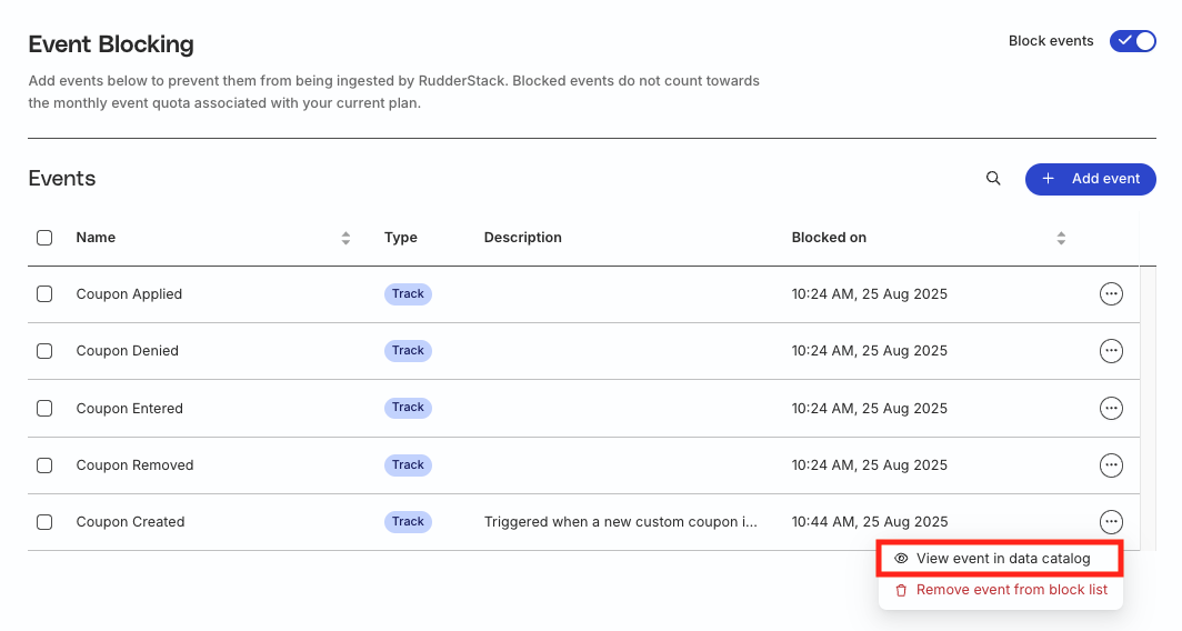 View blocked event in Data Catalog