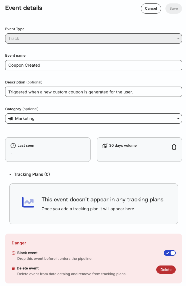 Block an event in the Data Catalog
