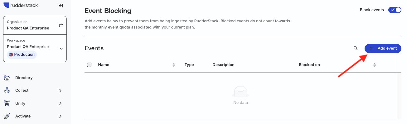 Add event button in the Event Blocking page
