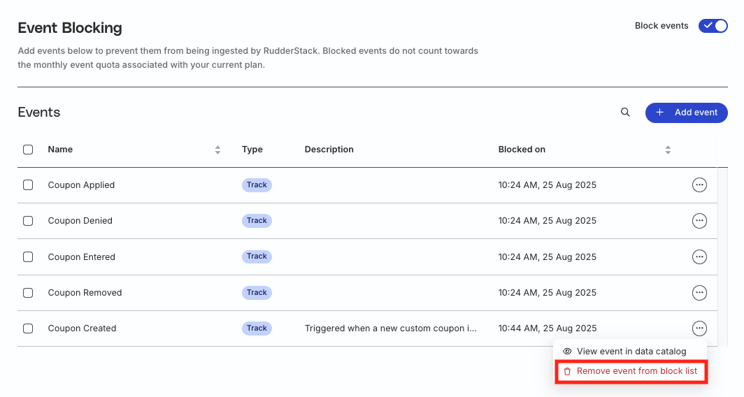 Unblock an event in the Event Blocking page
