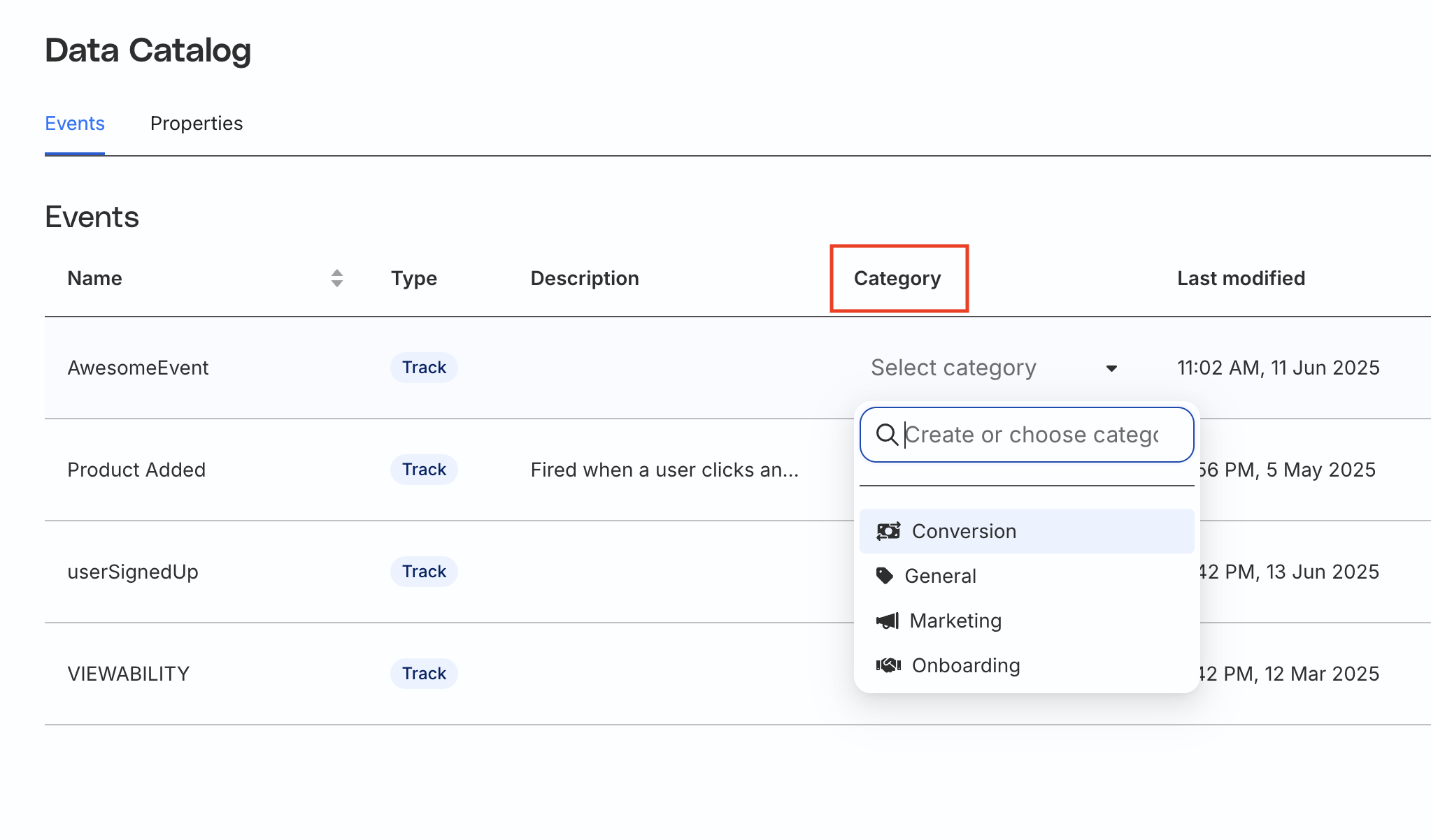 Event categories in the RudderStack dashboard