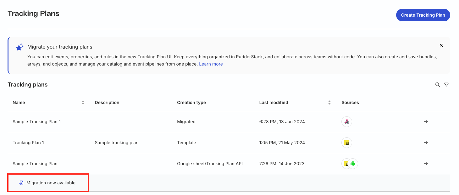 Tracking Plan migration banner