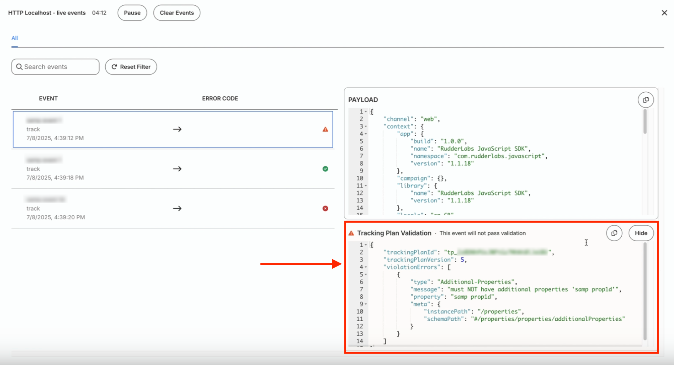 Real-time tracking plan validation panel