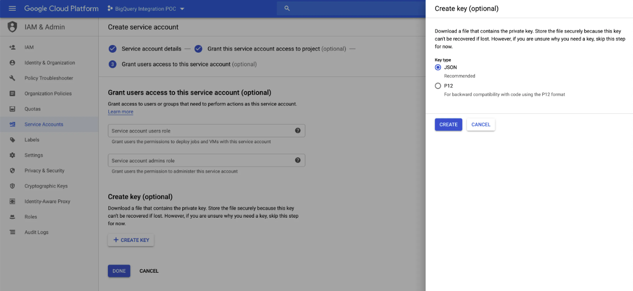 Service account JSON key download