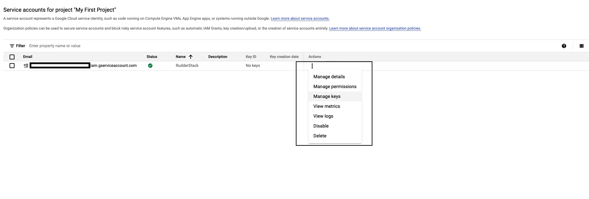 Manage keys option