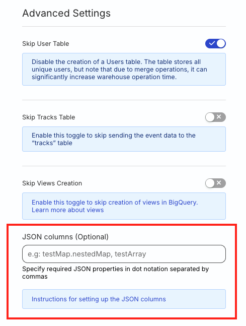 JSON column setting in RudderStack dashboard