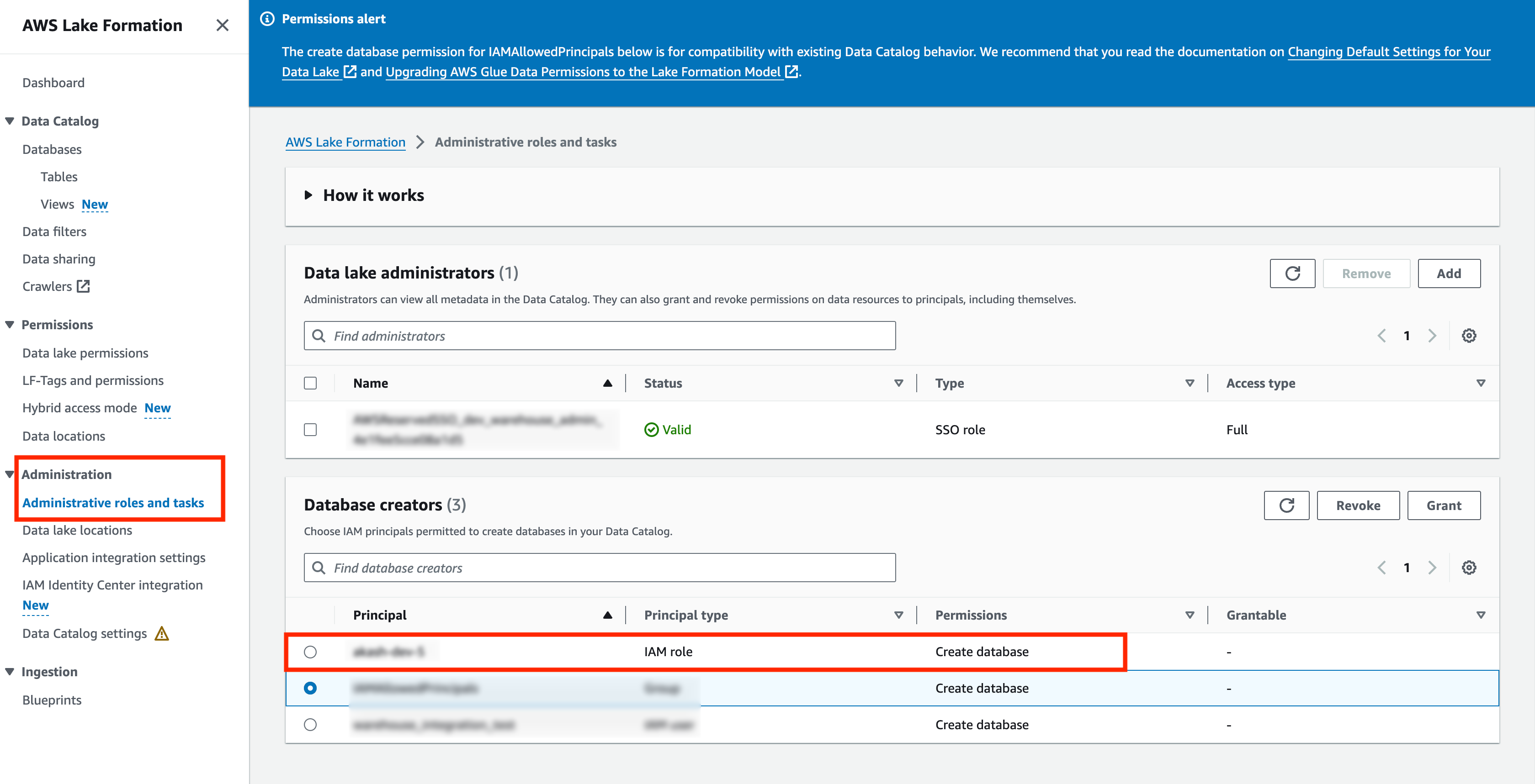 Database creators in AWS Lake Formation