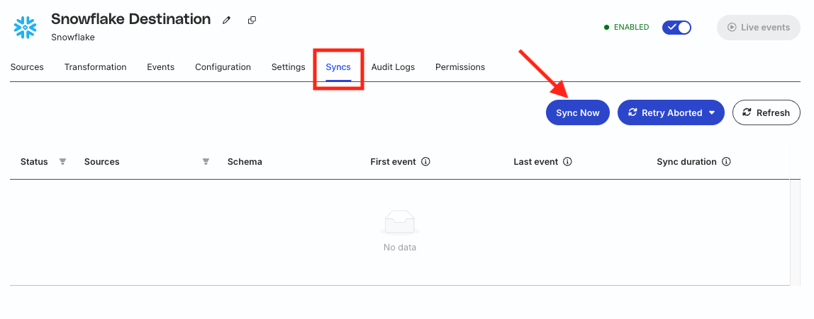 Sync now button for Snowflake destination