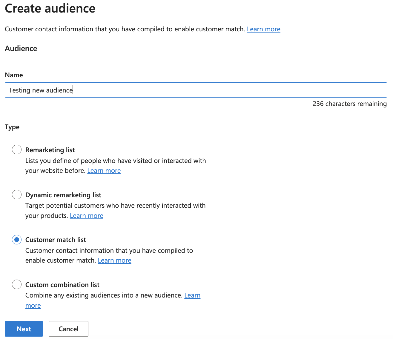 Create BingAds audience