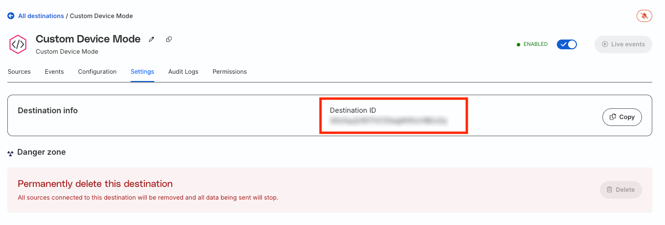 Destination ID for Custom Device Mode destination