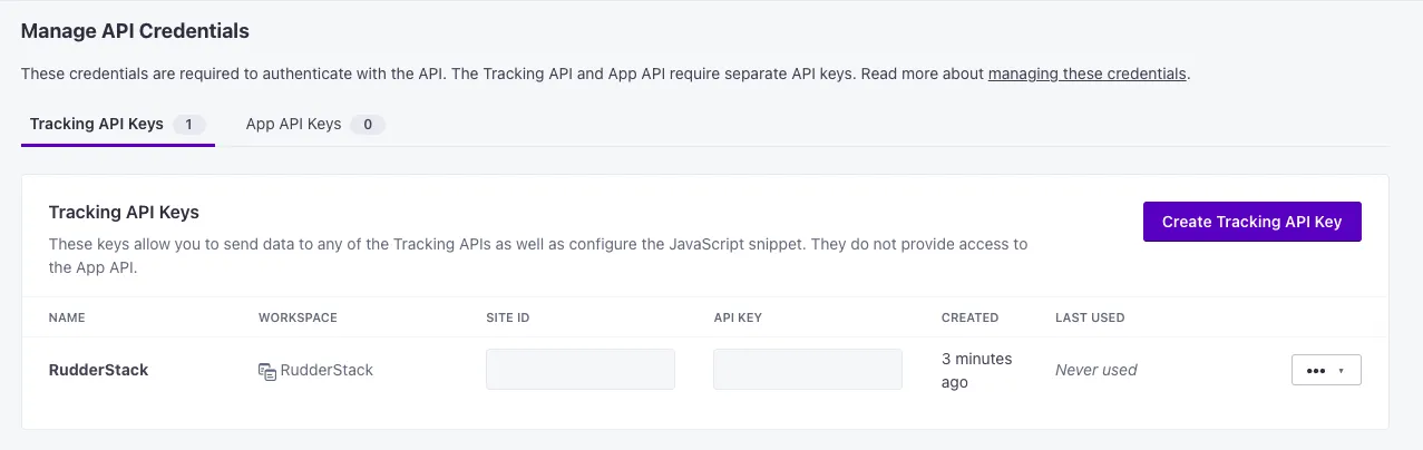 Customer.io site ID and API key