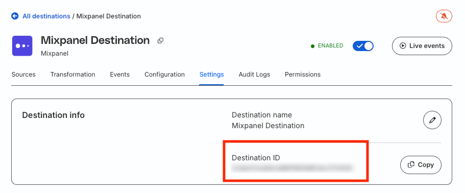 Destination ID in the RudderStack dashboard