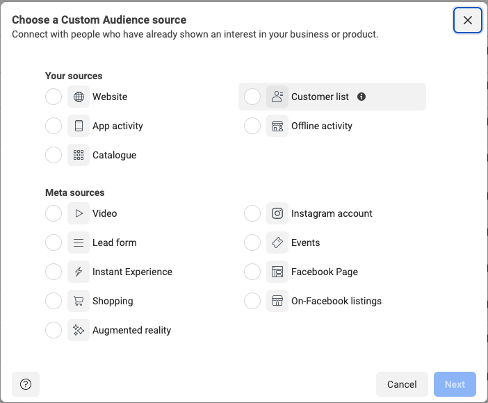 Facebook custom audience creation