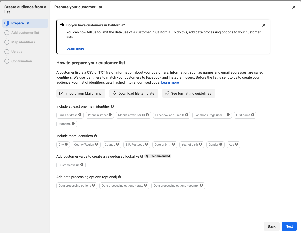 Facebook custom audience creation