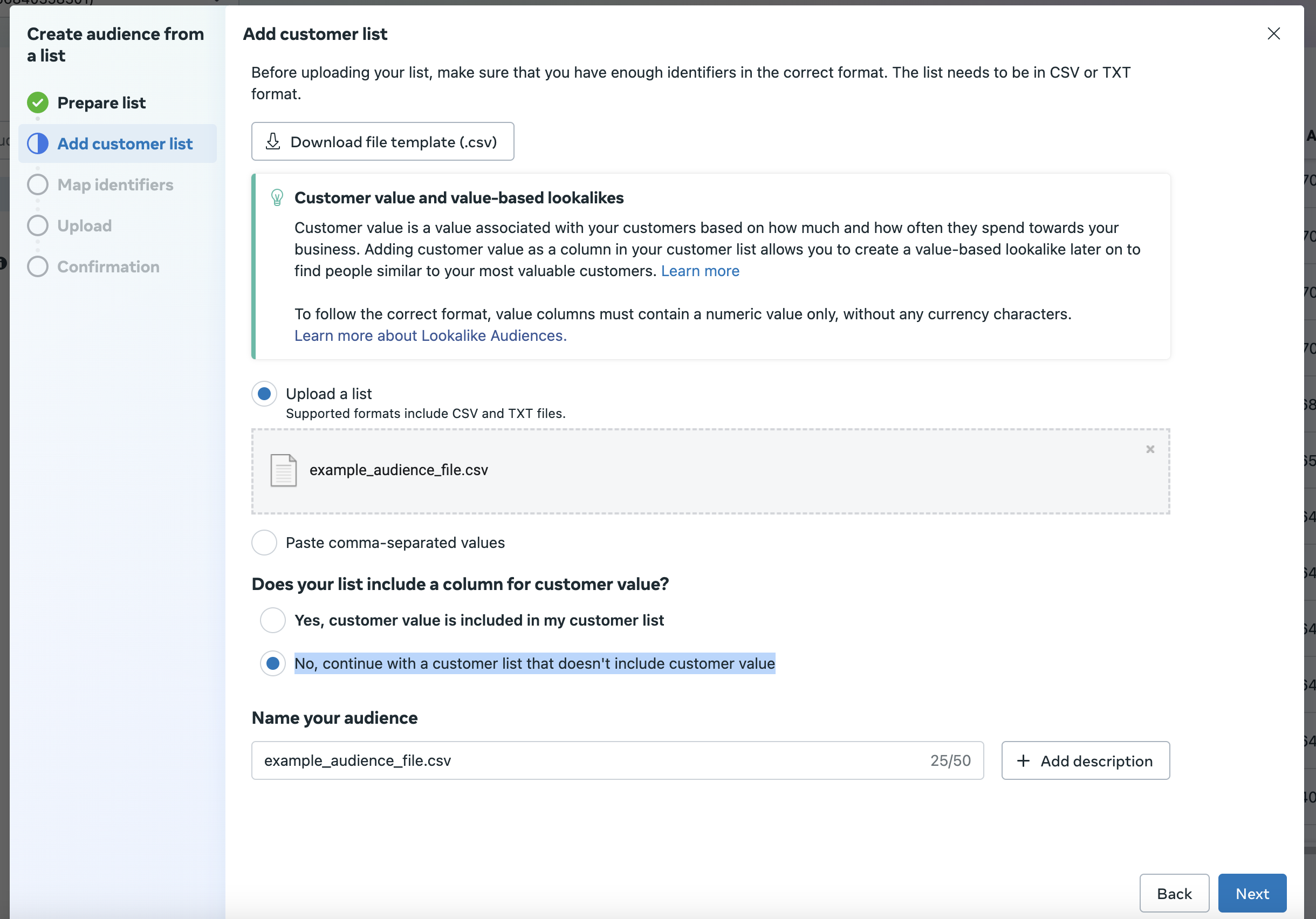 Facebook custom audience add customer list