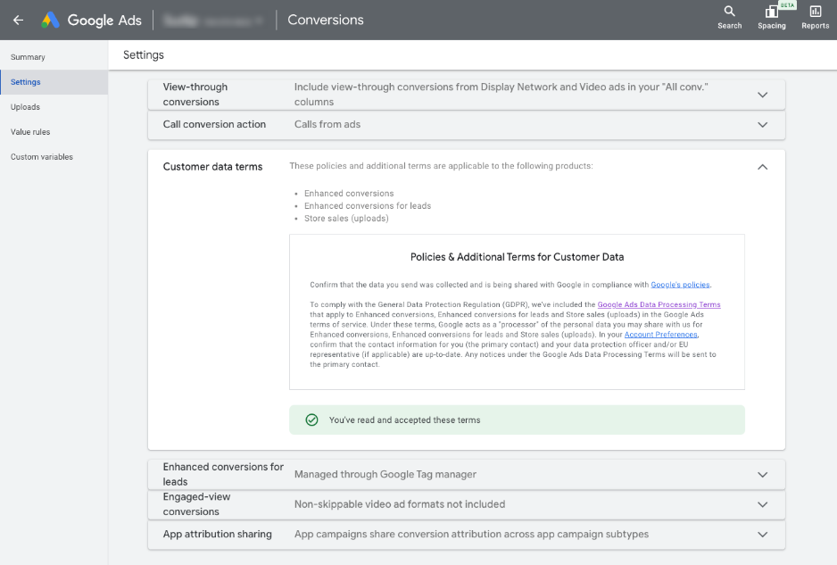 Google Ads Enhanced Conversions data terms