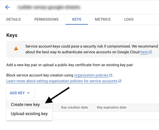 Google Sheets add key option