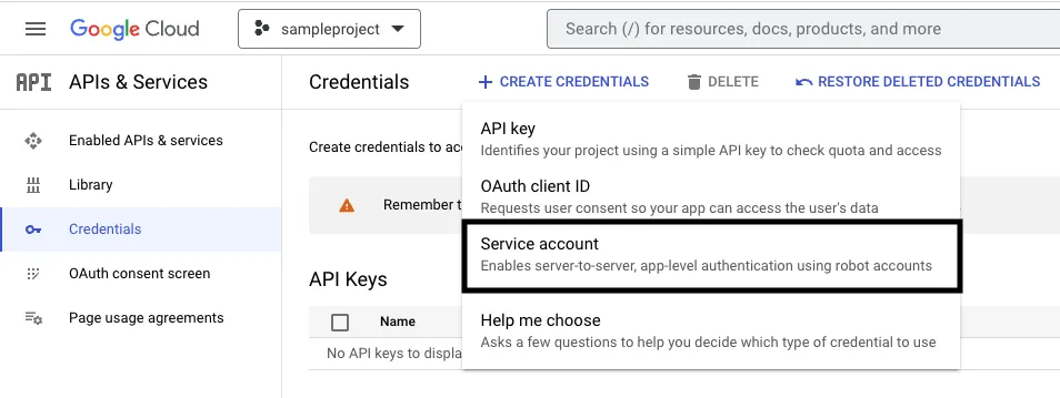 Google Sheets create credentials option