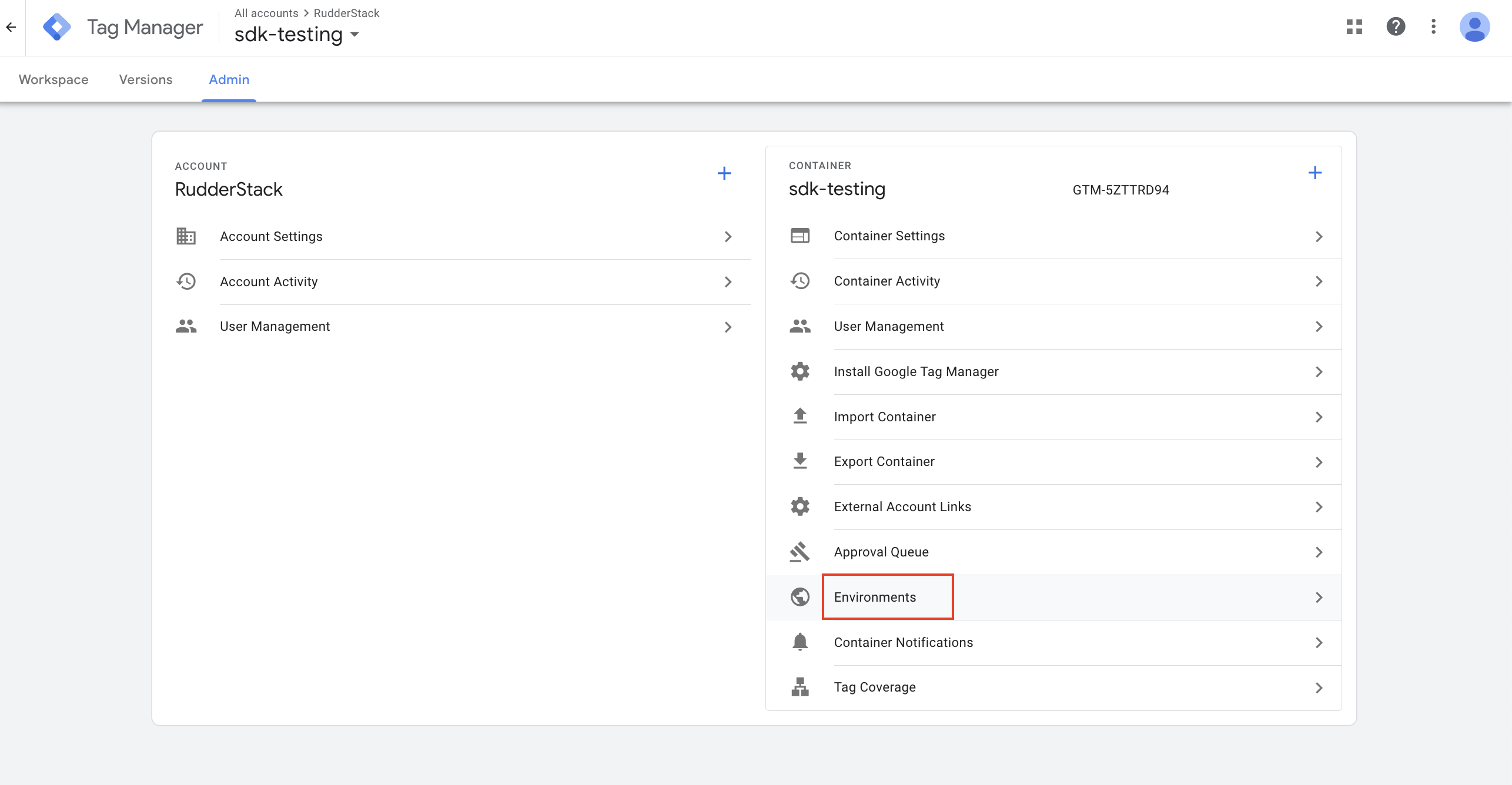 Environments option in GTM dashboard