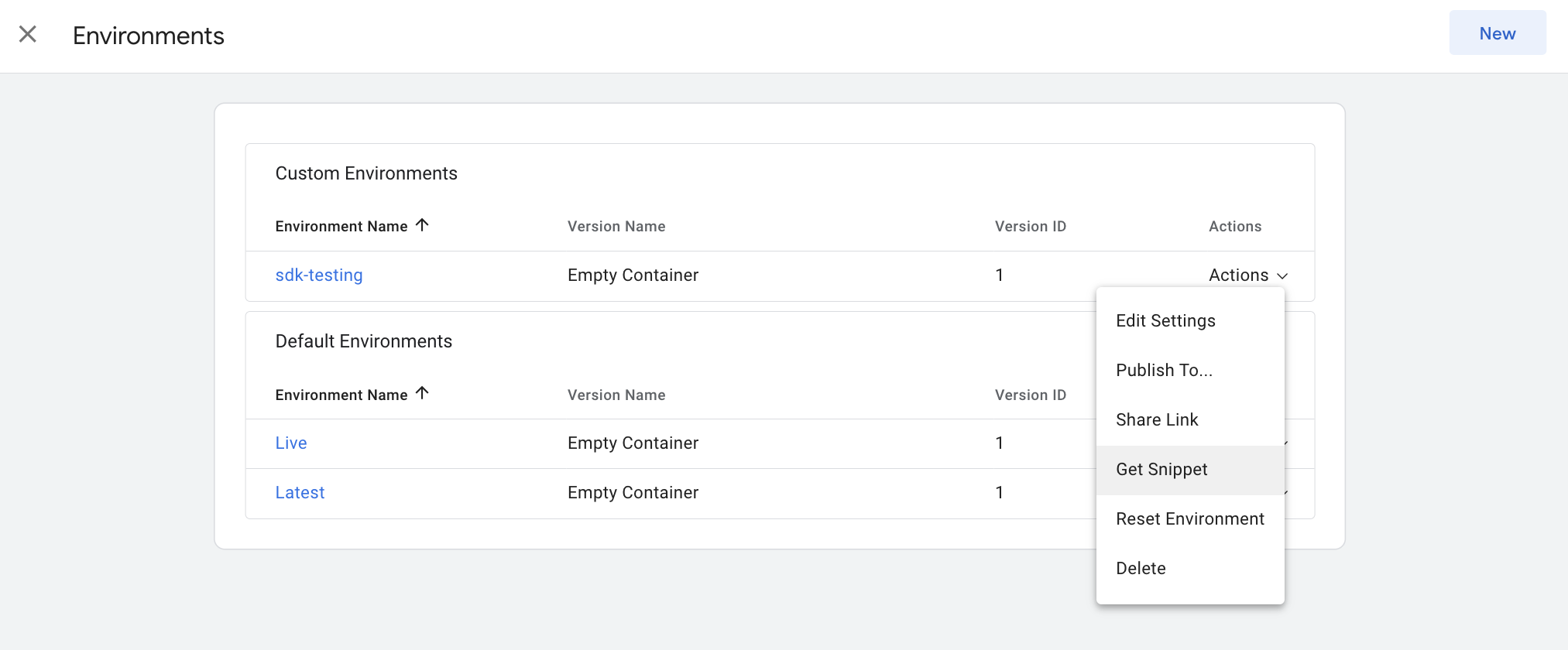 Get snippet option in GTM dashboard